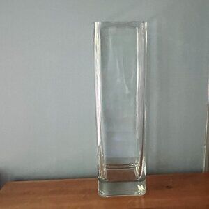 Tall Heavy Clear Glass Cube Table Vase, 4" x 13-1/2"